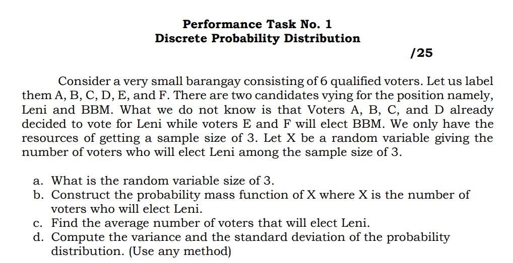  Performance Task No. 1 Discrete Probability Distribution I 25 Consider a