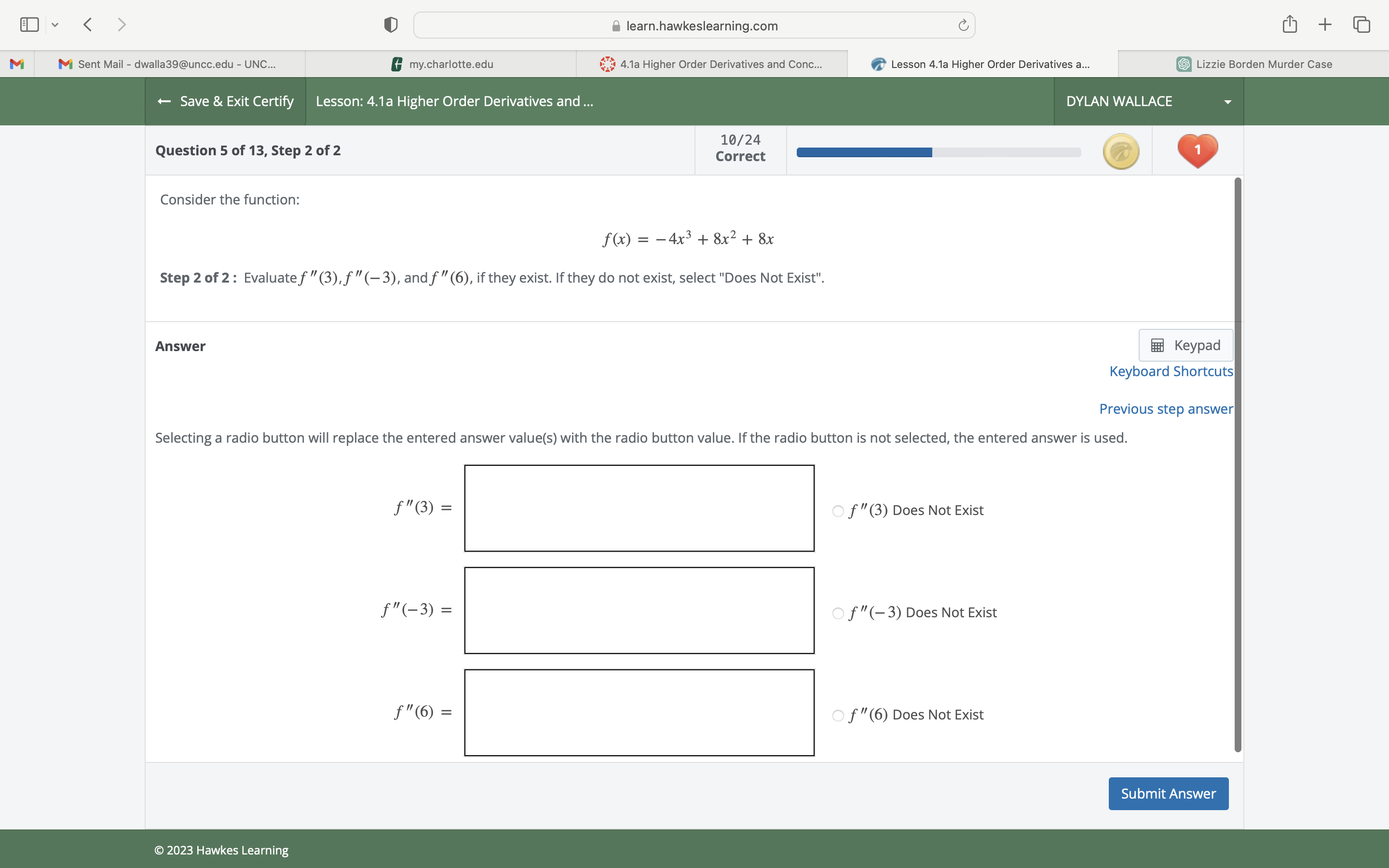  v learn.hawkeslearning.com + M M Sent Mail - dwalla39@uncc.edu - UNC...