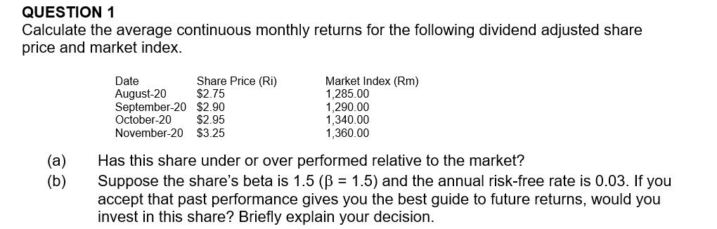 QUESTION 1 Calculate the average continuous monthly returns for the following