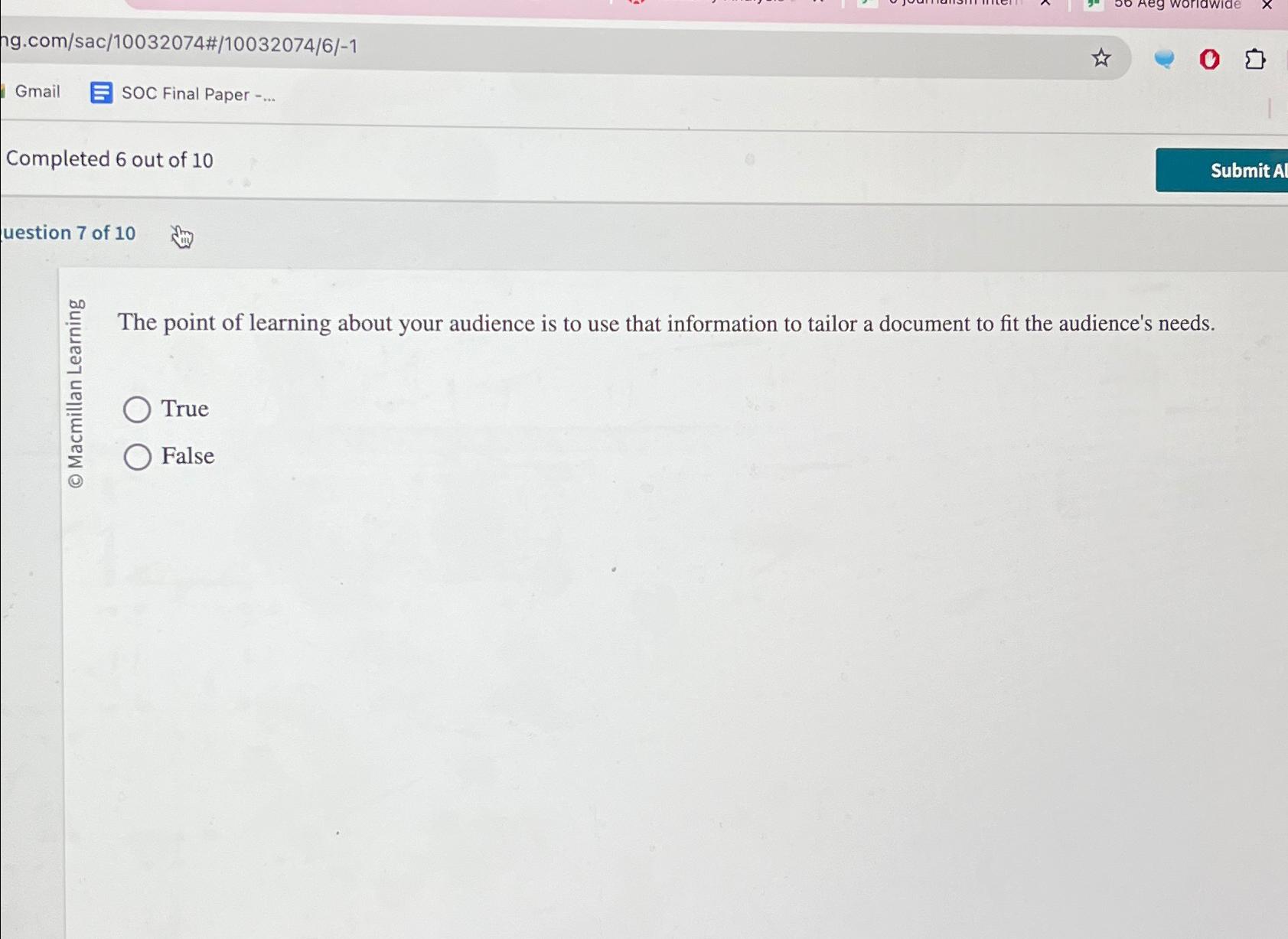  g.com/sac/10032074#/10032074/6/-1 Gmail SOC Final Paper -... Completed 6 out of 10