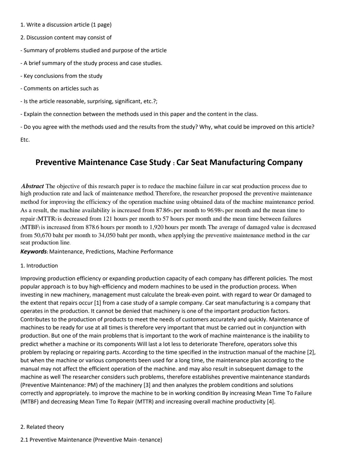  1. Write a discussion article (1 page) 2. Discussion content may