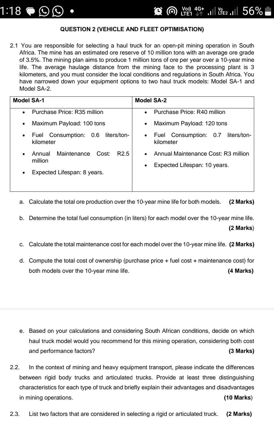  QUESTION 2 (VEHICLE AND FLEET OPTIMISATION) 2.1 You are responsible for