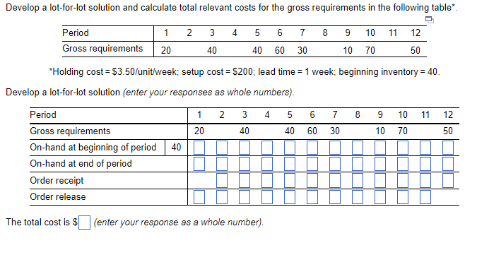 "Holding cost =$3.50/ unit/week; setup cost =$200; lead time =1 week;