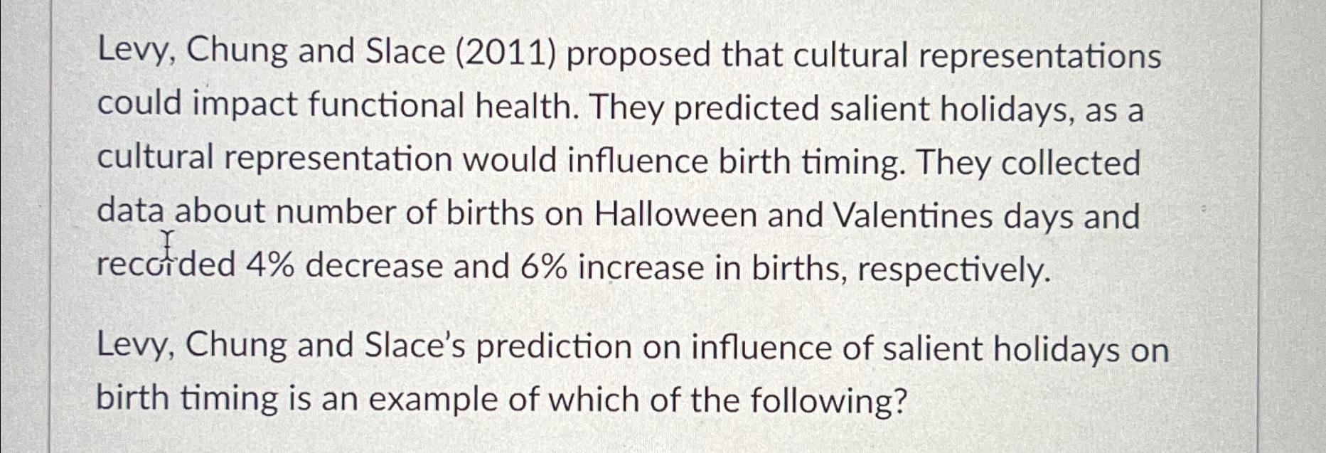  Levy, Chung and Slace (2011) proposed that cultural representations could impact