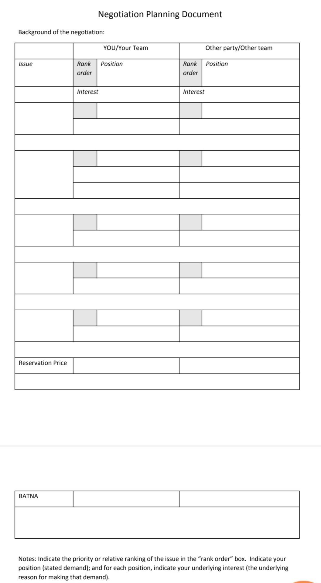 Negotiation Planning Document You will be completing the attached negotiation planning
