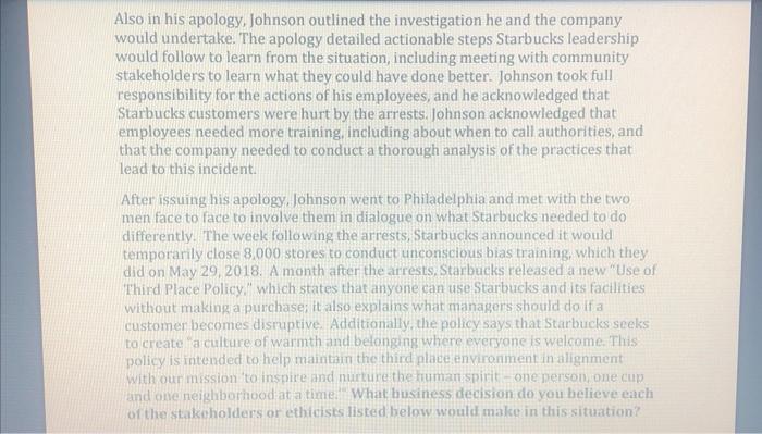 decision do you believe each of the stakeholders or ethicits listed below,