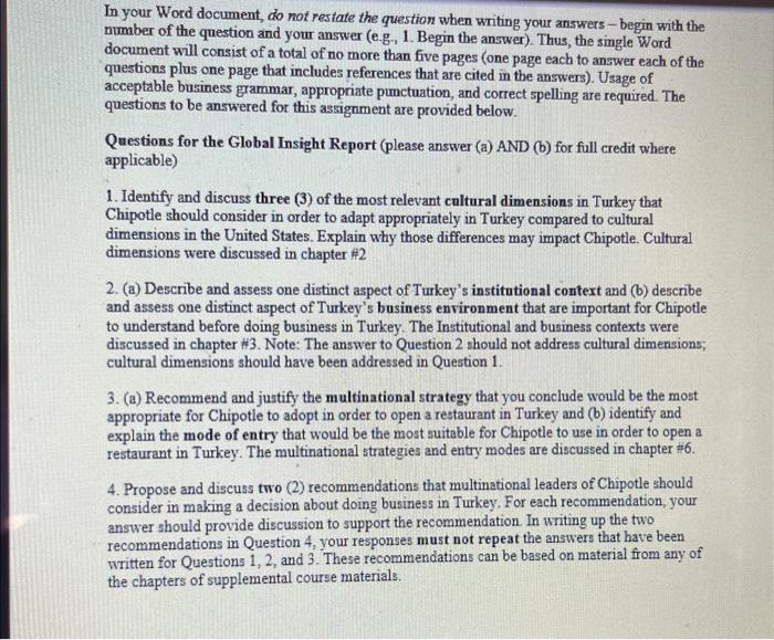  In your Word document, do not restate the question when writing