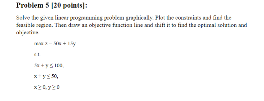  Problem 5 [20 points]: Solve the given linear programming problem graphically.