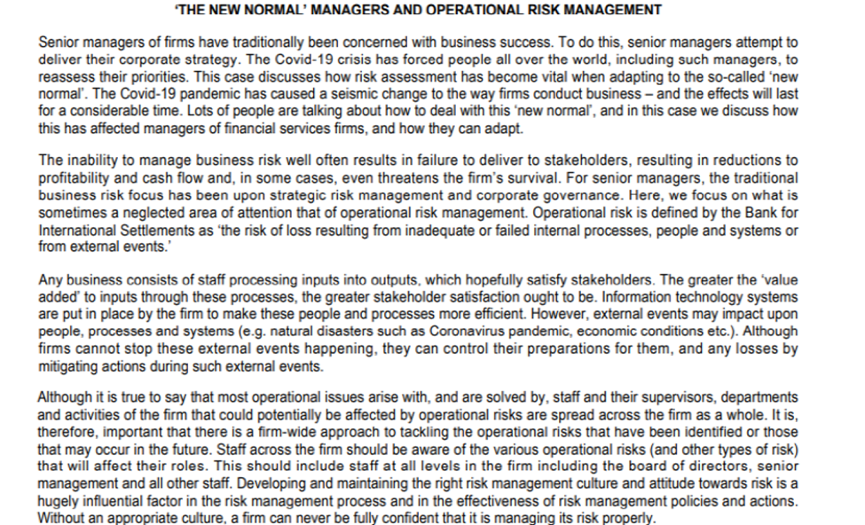 'THE NEW NORMAL' MANAGERS AND OPERATIONAL RISK MANAGEMENT Senior managers of