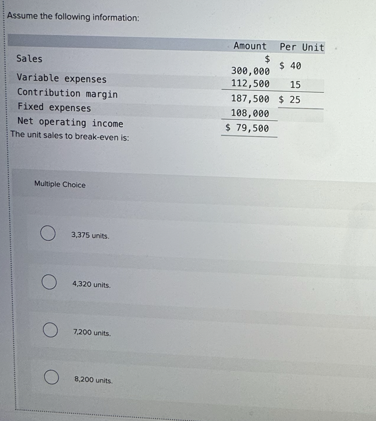  Assume the following information: Multiple Choice 3,375 units. 4,320 units. 7,200