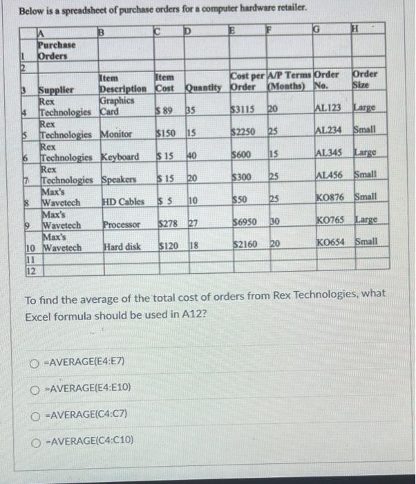  Below is a spreadsheet of purchase orders for a computer hardware