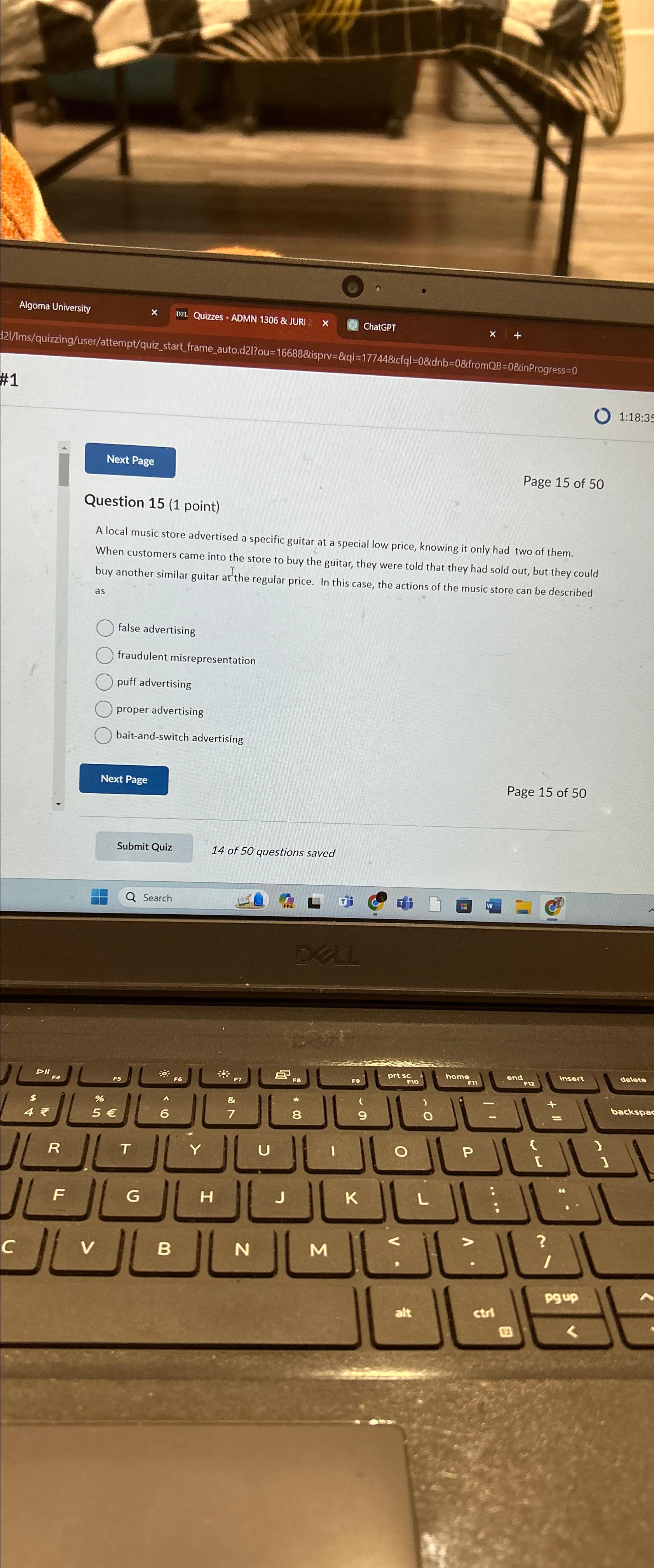  Next Page 1:18:35 Question 15(1 point) Page 15 of 50 Question