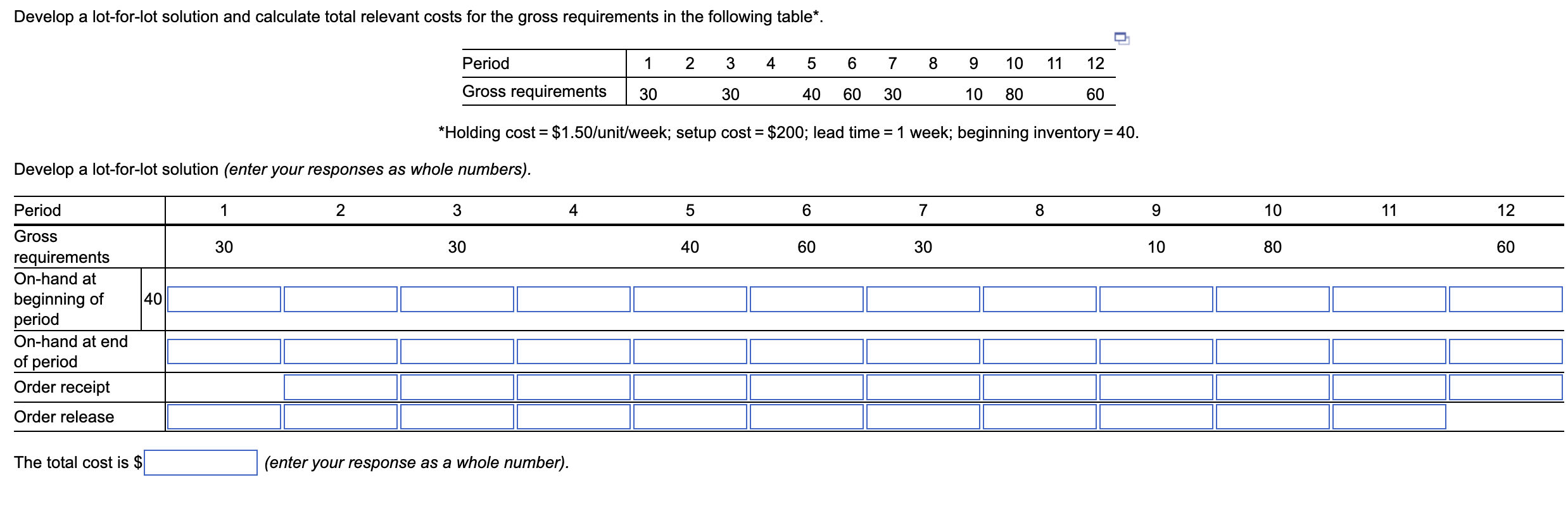 Develop a lot-for-lot solution (enter your responses as whole numbers). i