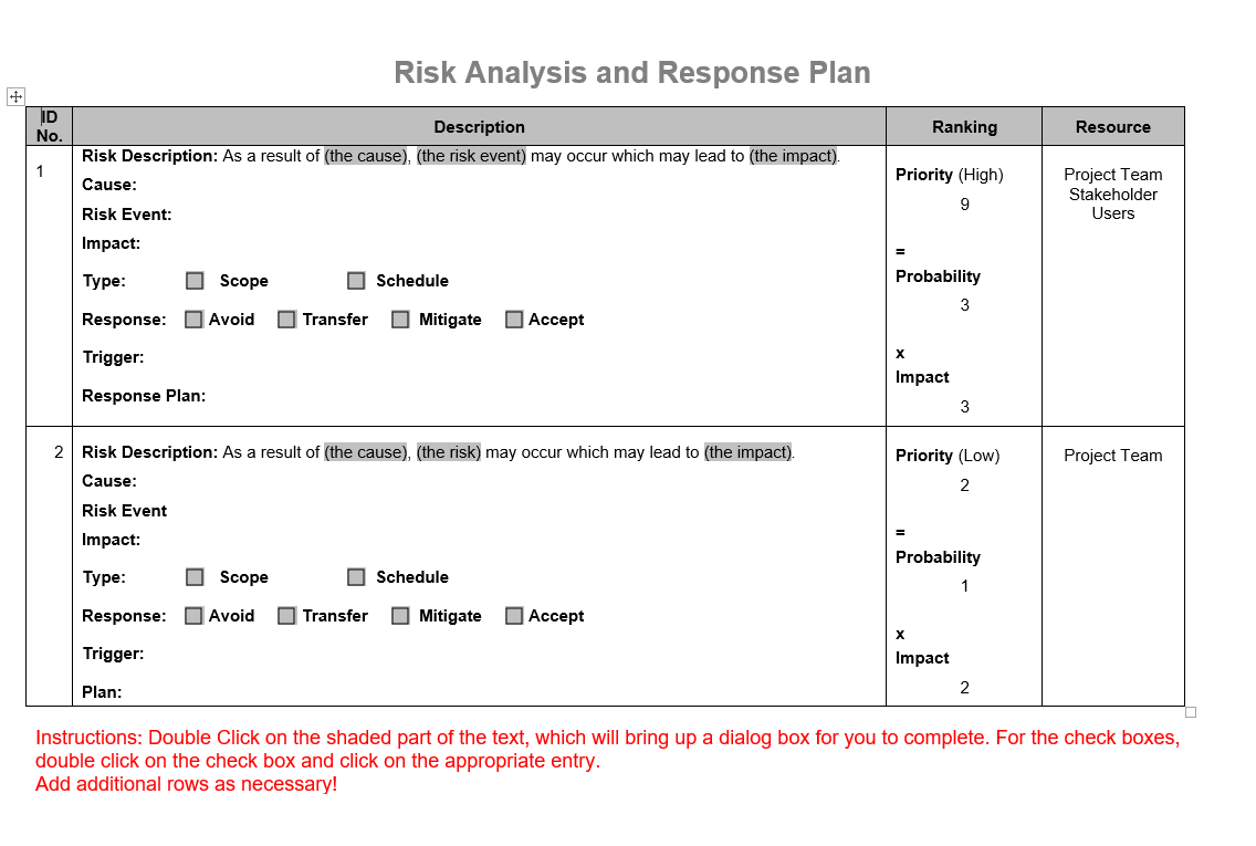  1. For this project you will need to complete a risk