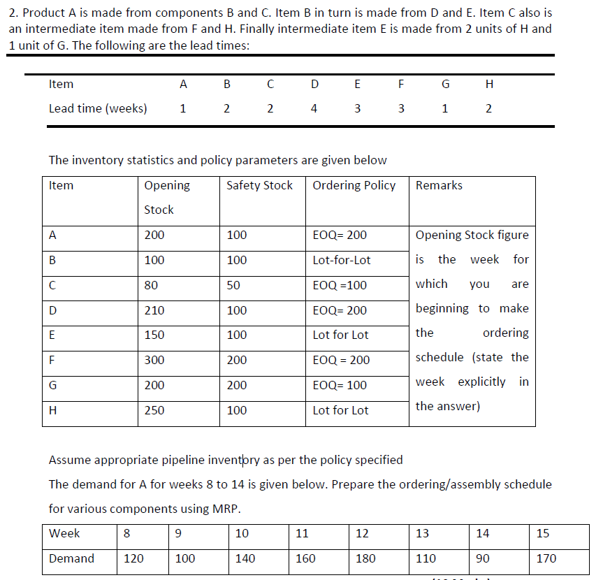 2. Product A is made from components B and C. Item