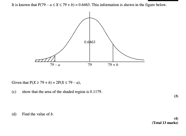 mean 79 and variance 144. Find (a) P(X