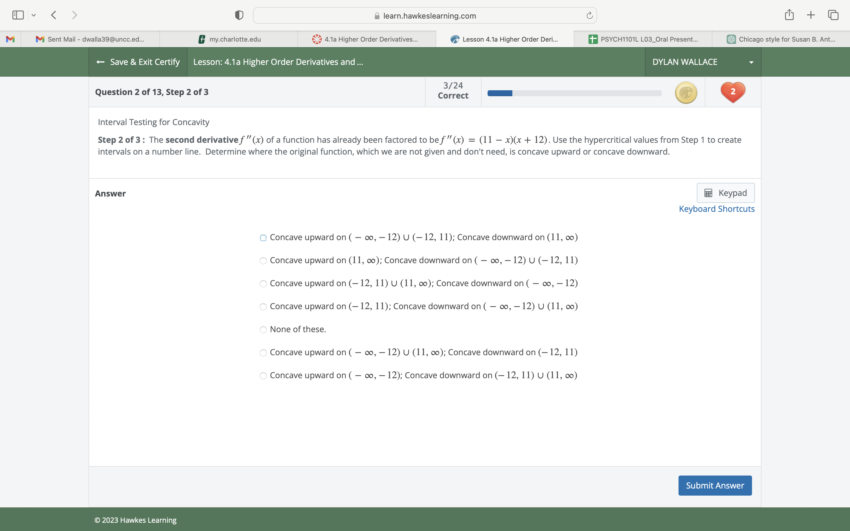  v > learn.hawkeslearning.com C + M M Sent Mail - dwalla39@uncc.ed...