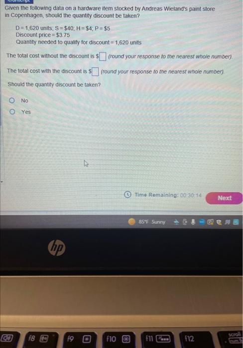  Given the following data on a hardware item stocked by Andreas