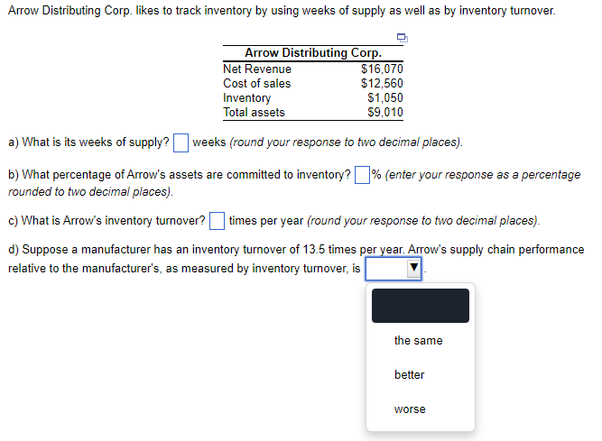 Arrow Distributing Corp. likes to track inventory by using weeks of