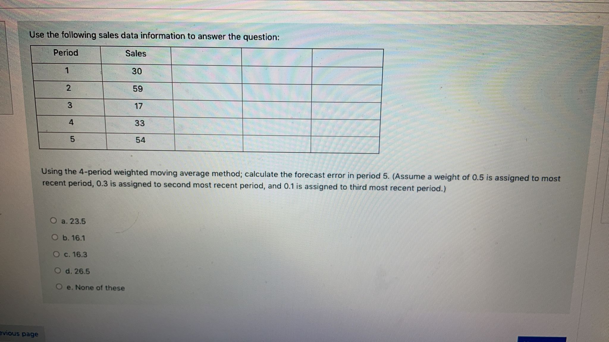  Use the following sales data information to answer the question: Period