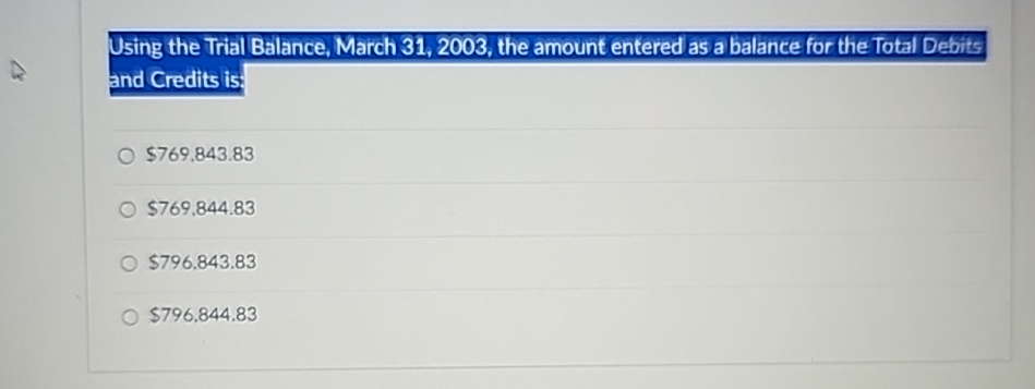  Using the Trial Balance, March 31,2003, the amount entered as a