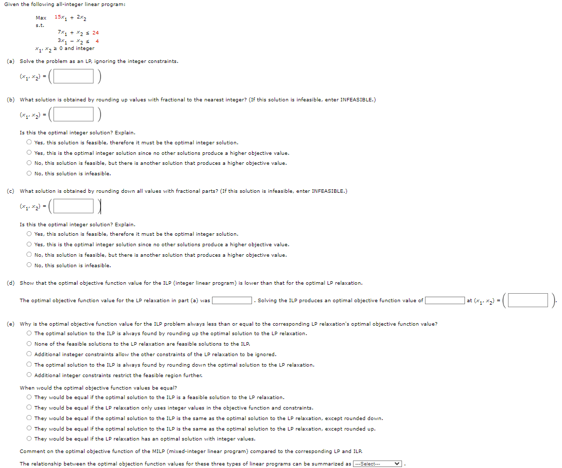 Given the following all-integer linear program: Maxs.t.3x1x24x1,x20andinteger15x1+2x27x1+x224 (a) Solve the problem
