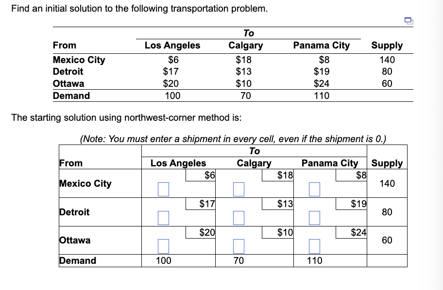  Find an initial solution to the following transportation problem. The starting