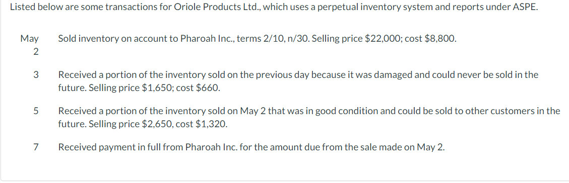  Question Background info : Listed below are some transactions for Oriole