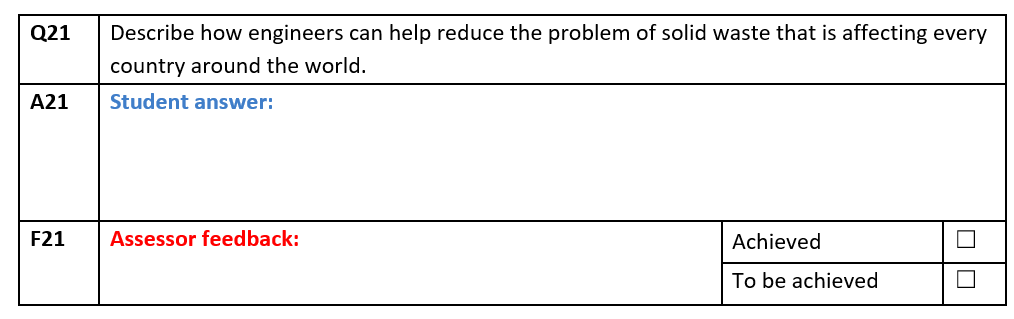  \\begin{tabular}{|l|l|l|l|} \\hline Q21 & \\multicolumn{2}{l|}{\\( \\begin{array}{l}\\text { Describe how engineers can