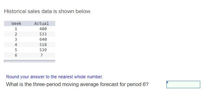  Historical sales data is shown below. Round your answer to the