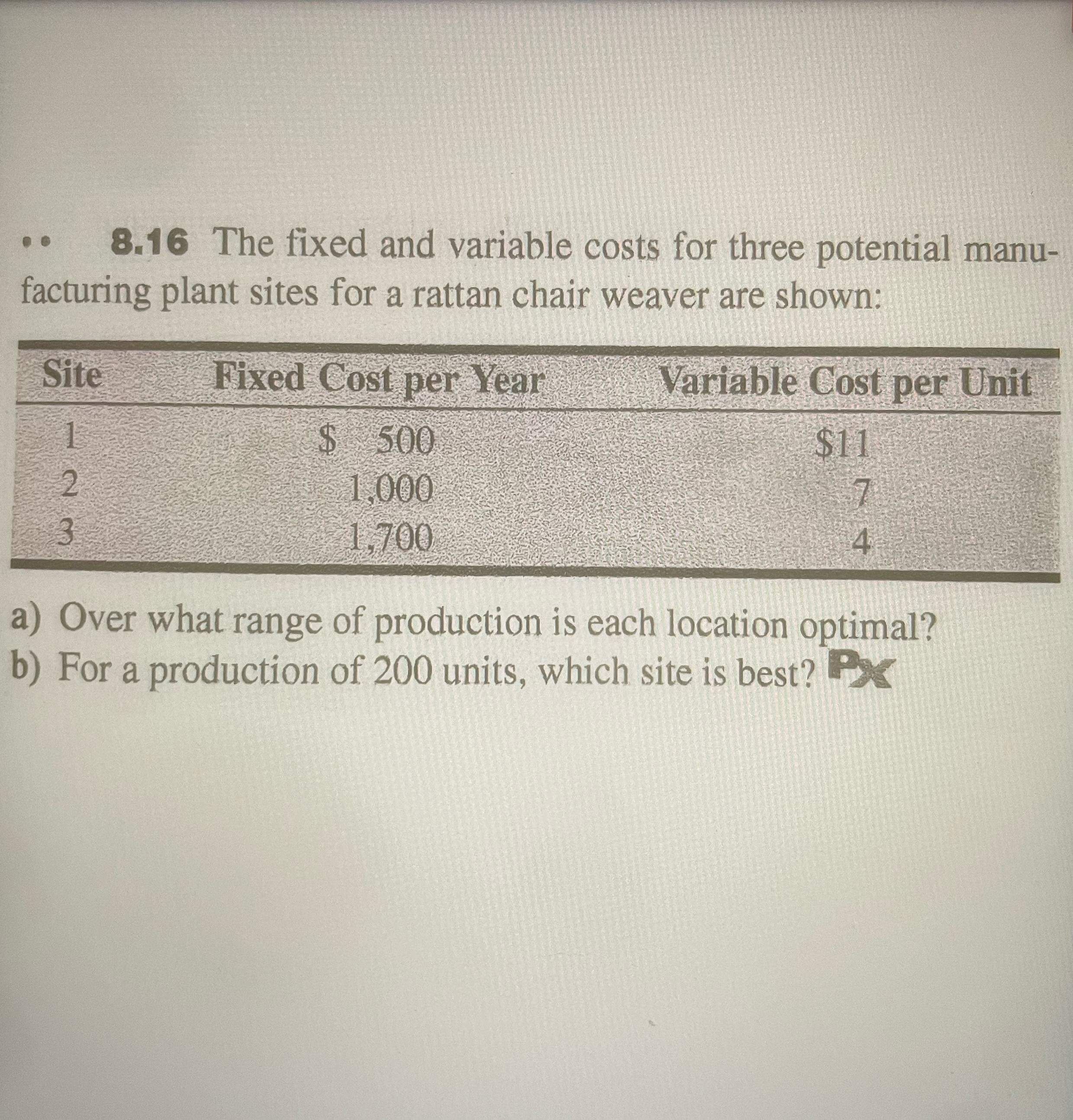  8.16 The fixed and variable costs for three potential manufacturing plant