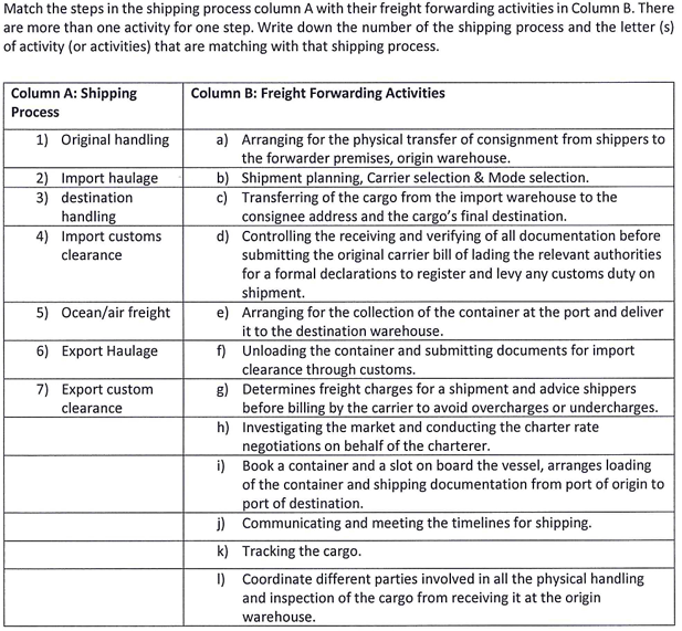  Match the steps in the shipping process column A with their