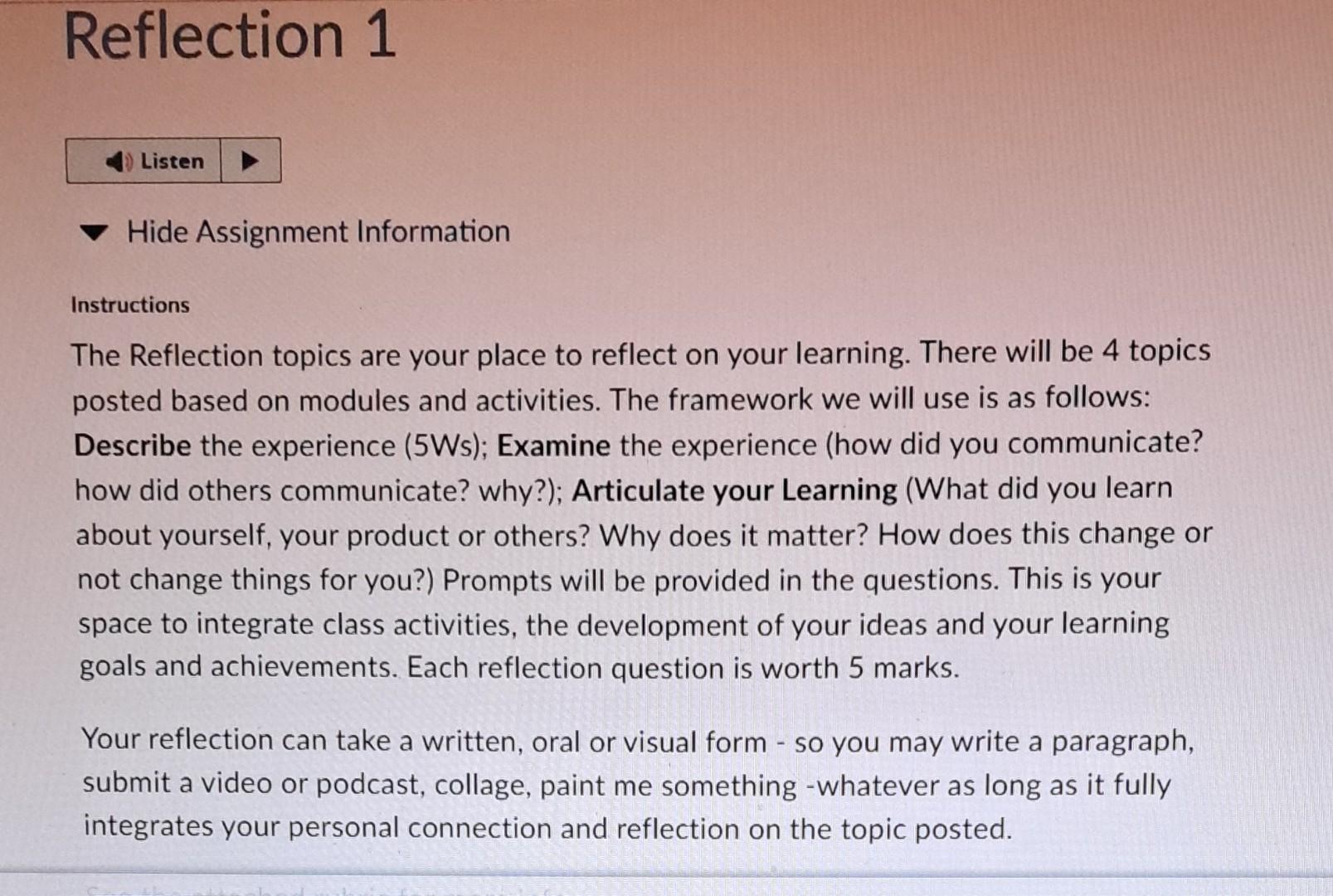  Hide Assignment Information Instructions The Reflection topics are your place to