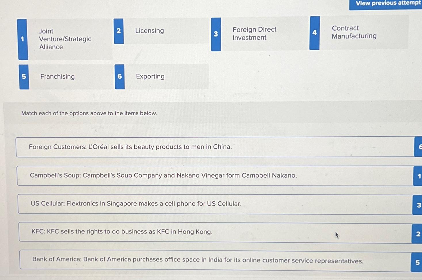  View previous attempt 1 Joint 2 Licensing 3 Foreign Direct Contract