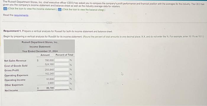 solve all please Requirements 1. Prepare a vertical analysis for Russell for