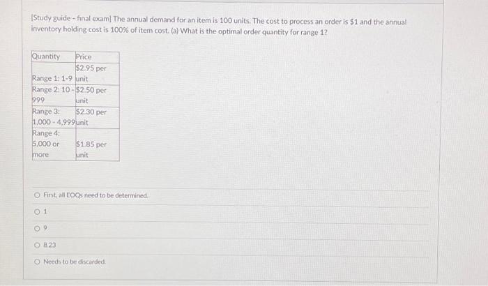  [Study guide - final exam] The annual demand for an item