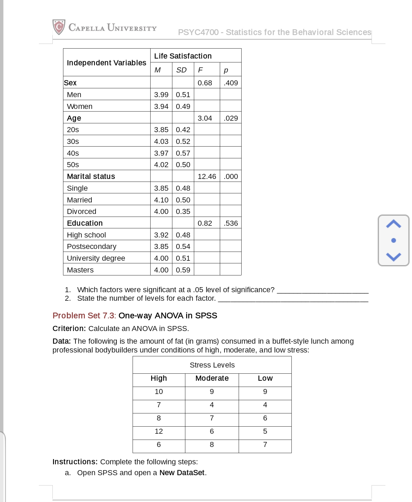 - Statistics for the Behavioral Sciences u07a1 ANOVA plete the following problems