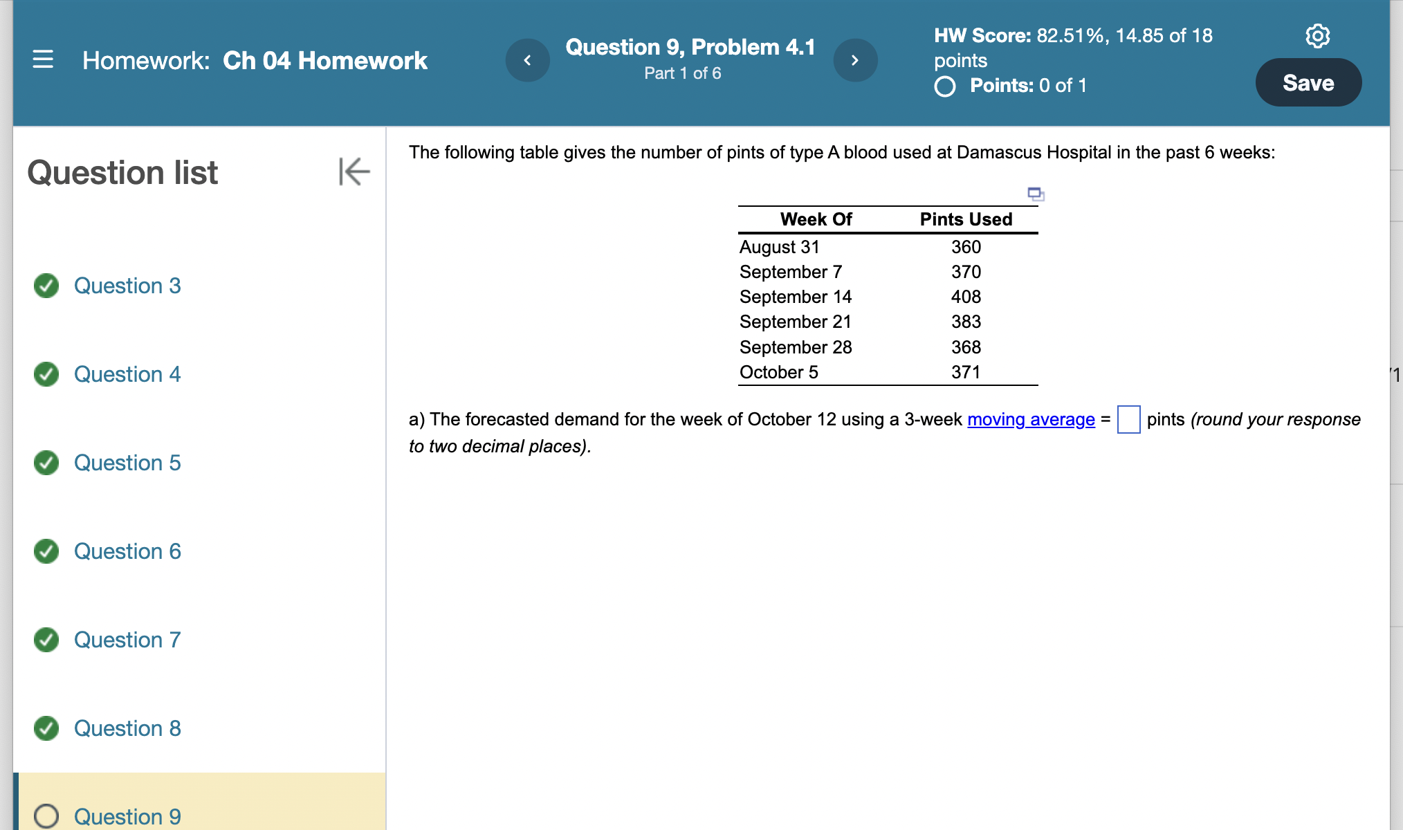 = Homework: Ch 04 Homework Question 9, Problem 4.1 HW Score: