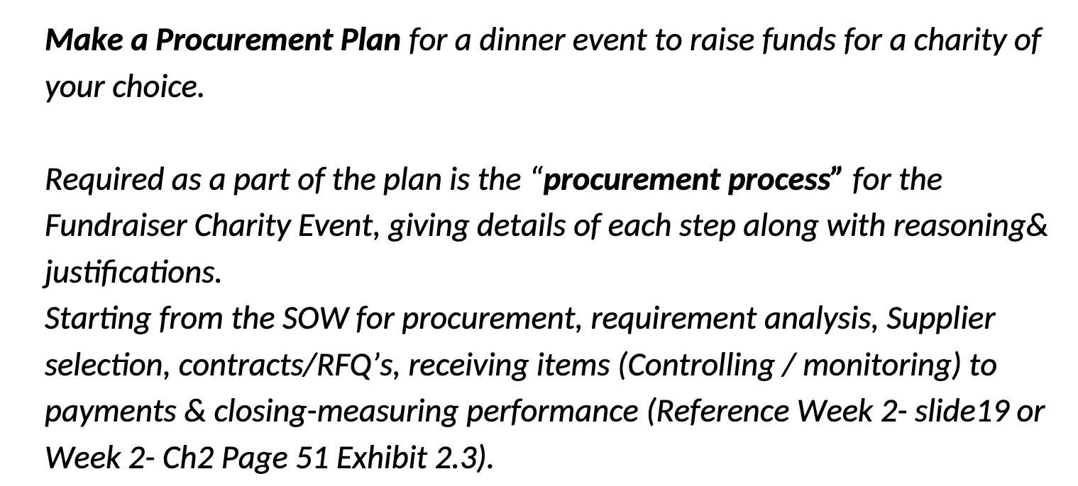  PLEASE ANSWER SUPPLIER SELECTION AND CONTRACTS/RFQs Make a Procurement Plan for
