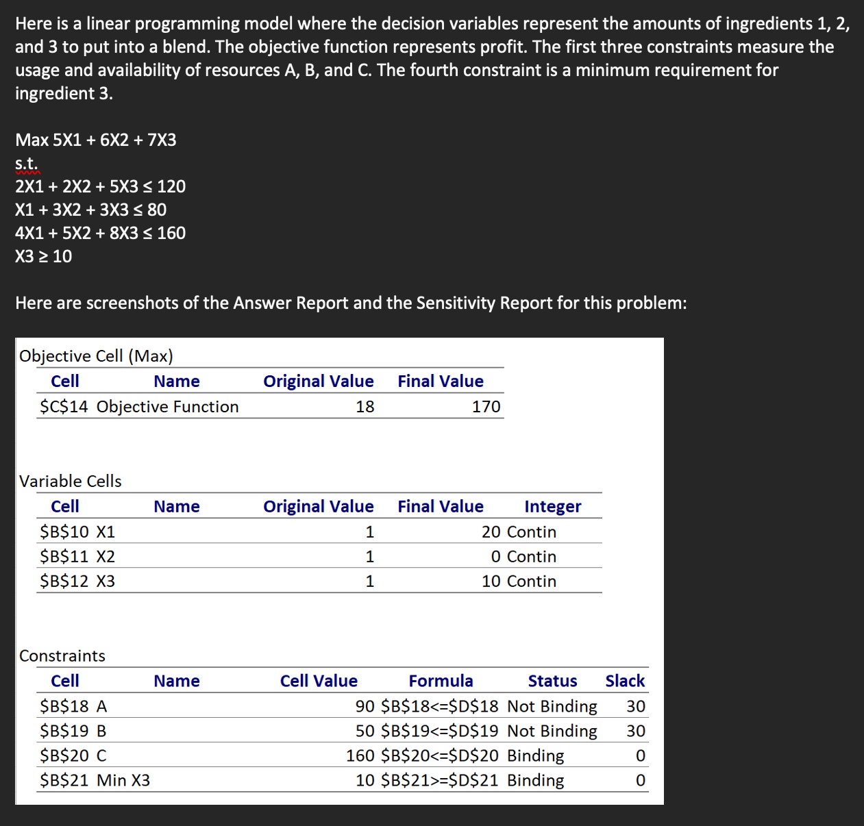  Here is a linear programming model where the decision variables represent