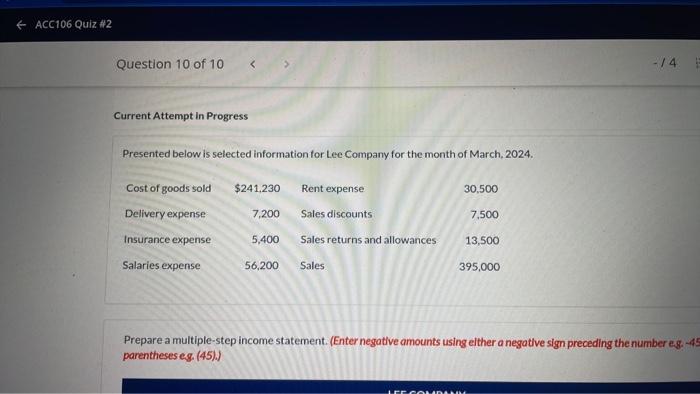  Current Attempt in Progress Presented below is selected information for Lee
