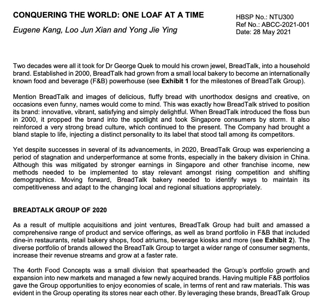 Read the case to identify the issues facing BreadTalk Group, answer the