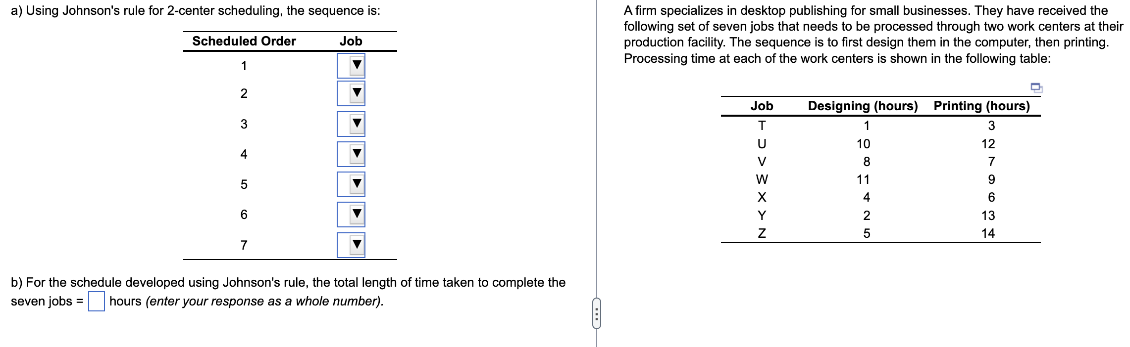  a) Using Johnson's rule for 2-center scheduling, the sequence is: A