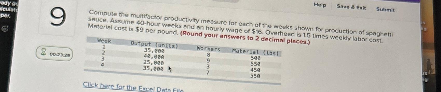  Help Save & Exit Submit Compute the multifactor productivity measure for