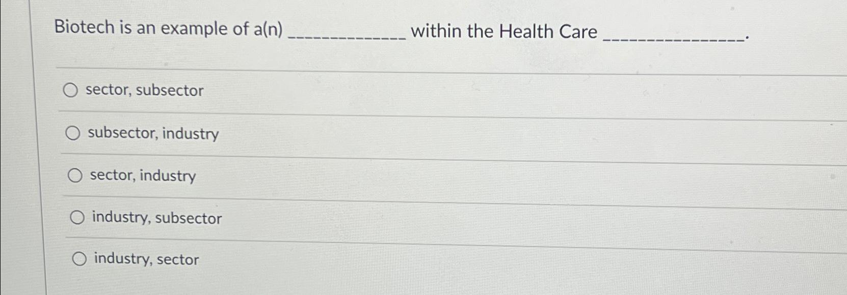  Biotech is an example of a(n) within the Health Care sector,