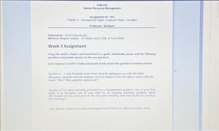  HTM 330 Human Resource Management Assignment #2- 10% Chapter 9-Management Rights,