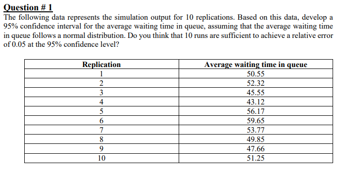  Question # 1 The following data represents the simulation output for