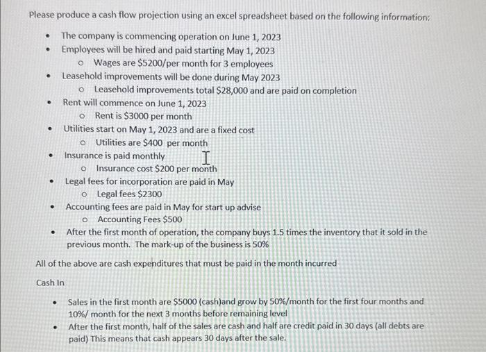  Please produce a cash flow projection using an excel spreadsheet based