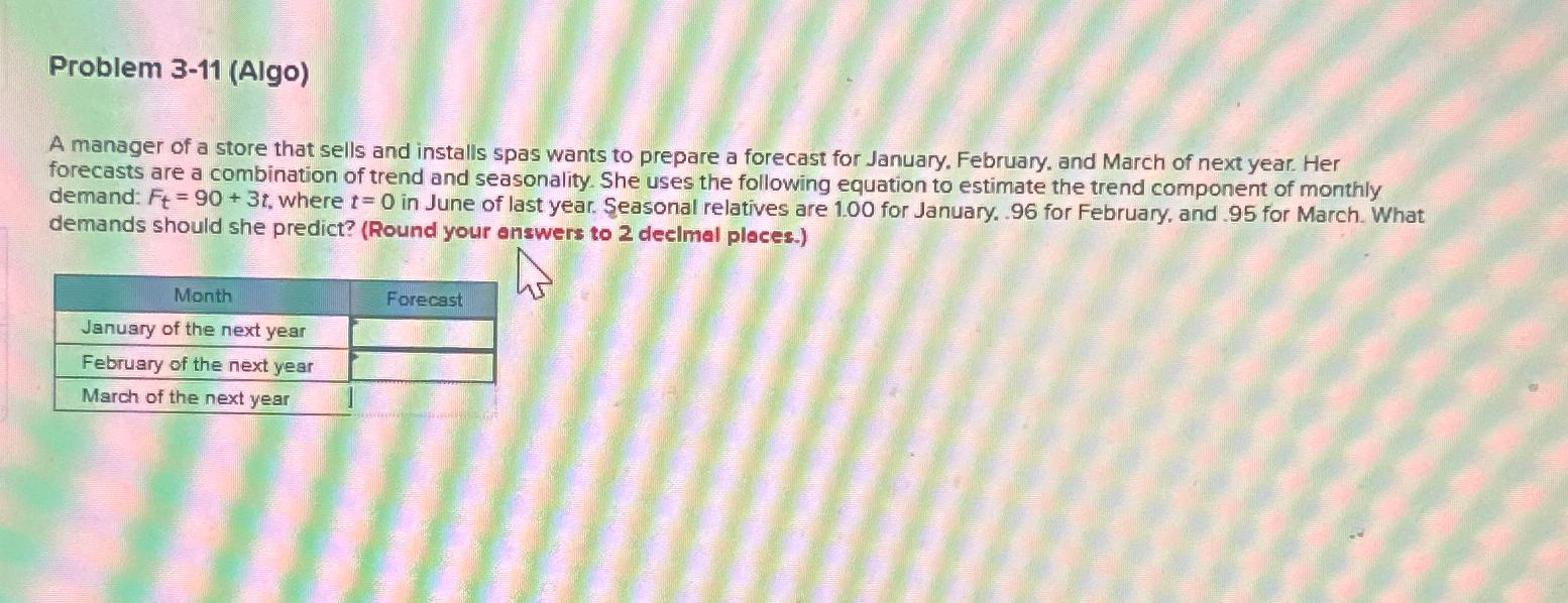  Problem 3-11(Algo) A manager of a store that sells and installs