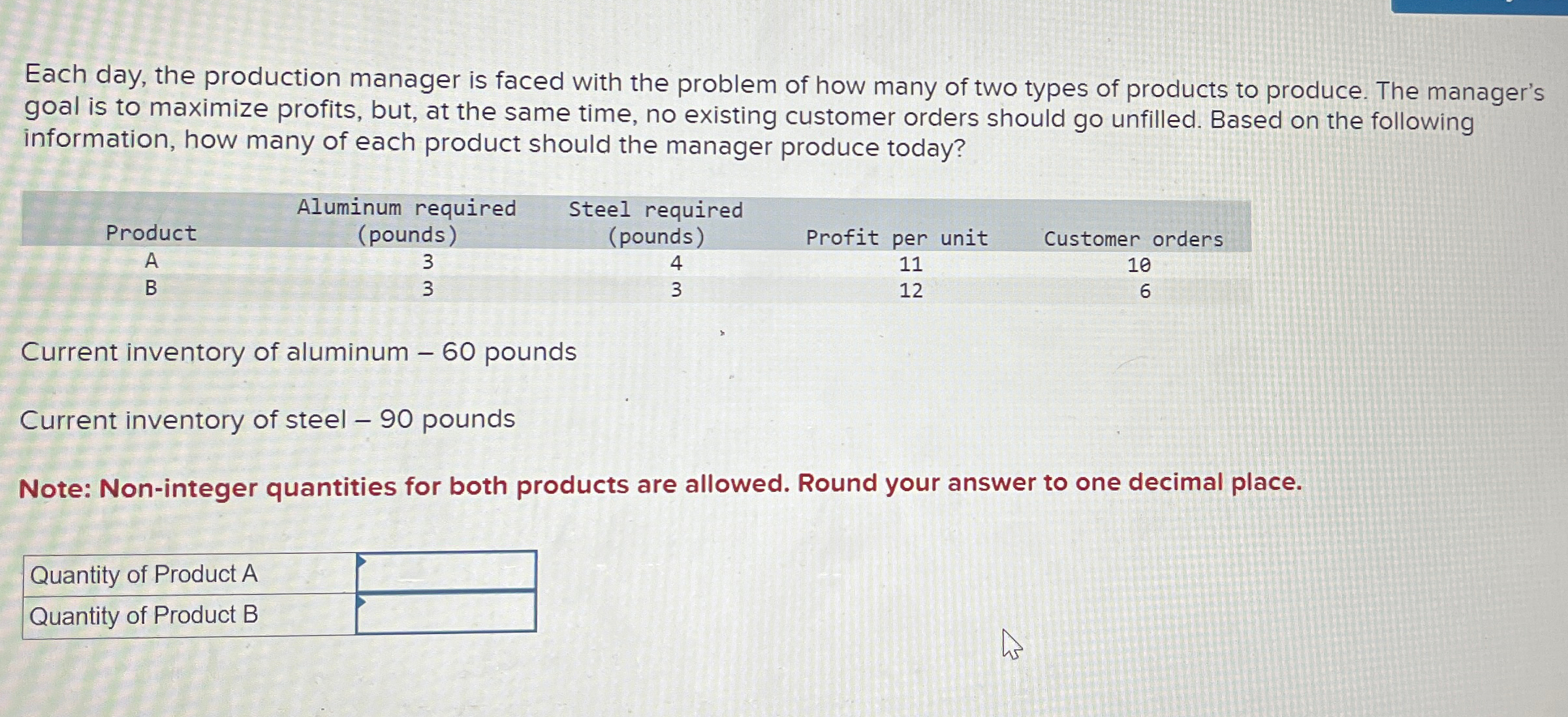  Each day, the production manager is faced with the problem of